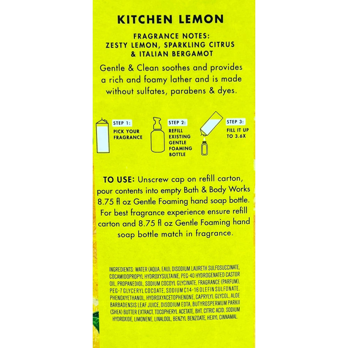 Bath & Body Works Kitchen Lemon foaming soap dispensed into hand, demonstrating creamy lather and gentle cleansing benefit