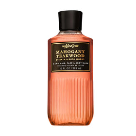 Bath & Body Works bottle front view showing mahogany teakwood scent and benefit