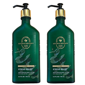 Bath & Body Works front view of two eucalyptus spearmint lotion bottles showing packaging and size benefits