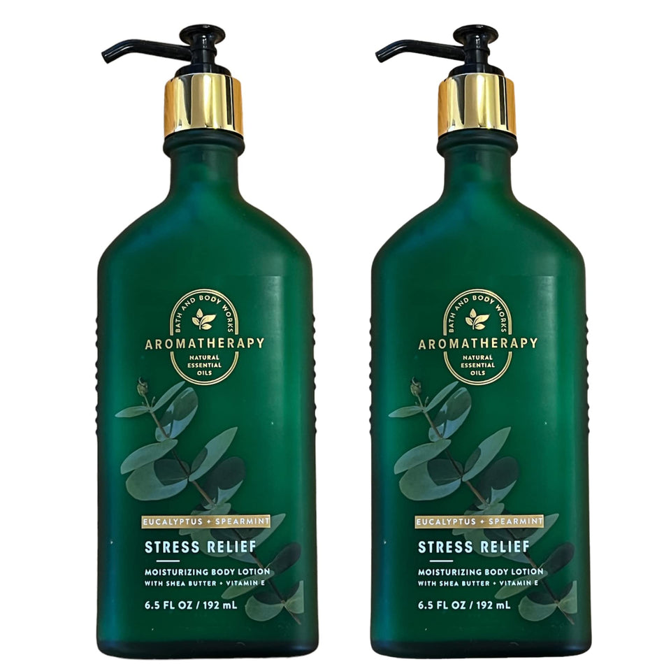 Bath & Body Works front view of two eucalyptus spearmint lotion bottles showing packaging and size benefits