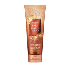Bath & Body Works front tub showing Warm Vanilla Sugar label and size, conveys scent clarity
