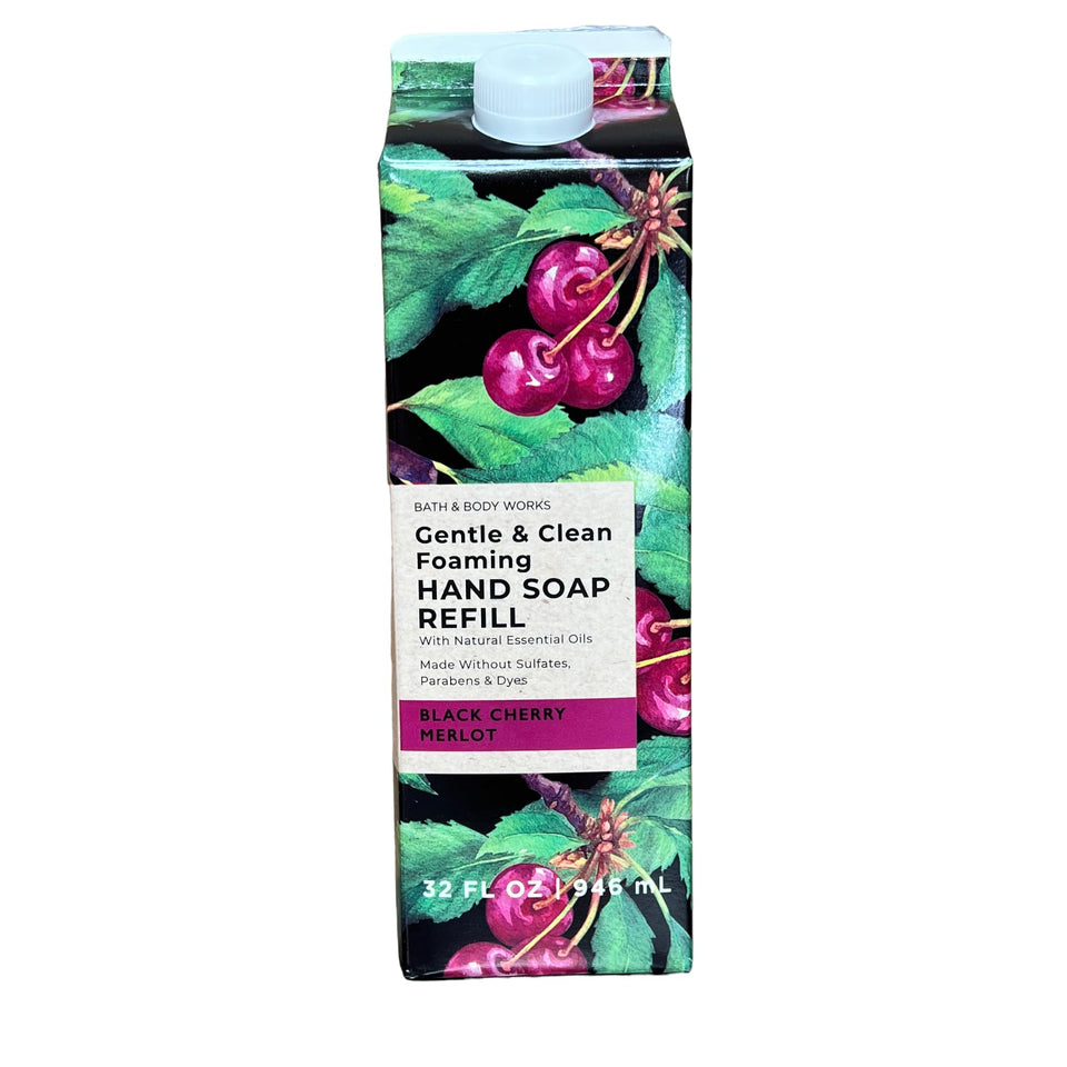 Bath & Body Works front label showing Black Cherry Merlot scent and 32 oz size, scent clarity benefit