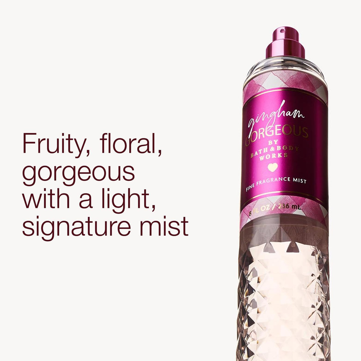 Bath & Body Works gingham gorgeous fine mist nozzle demonstrating even spray coverage benefit