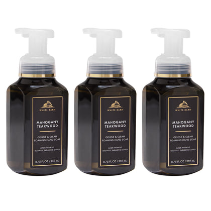 Bath & Body Works front packaging shows elegant mahogany teakwood bottle and benefits