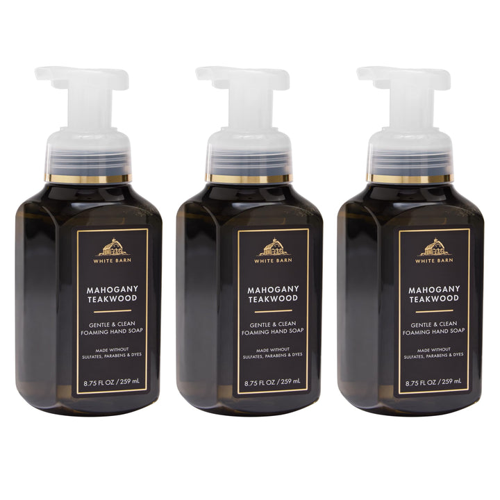 Bath & Body Works front packaging shows elegant mahogany teakwood bottle and benefits