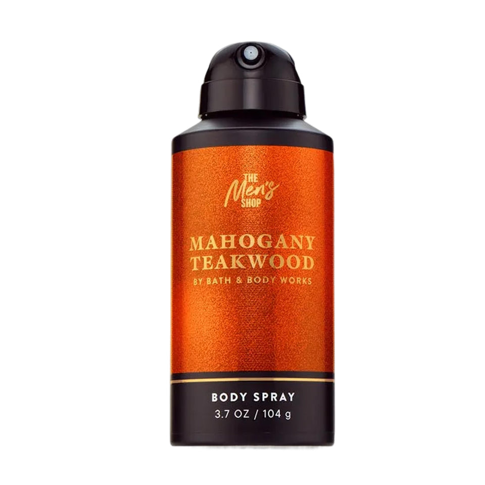 Bath & Body Works front view of Mahogany Teakwood can showing iconic label and size benefit