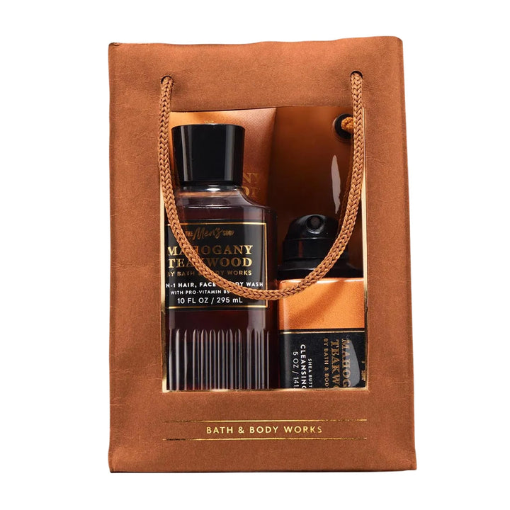 Bath & Body Works front packaging showing complete Mahogany Teakwood set and gift-ready design