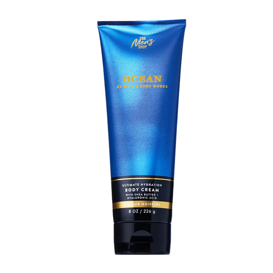 Bath & Body Works front packaging showing ocean body cream and clear branding benefits
