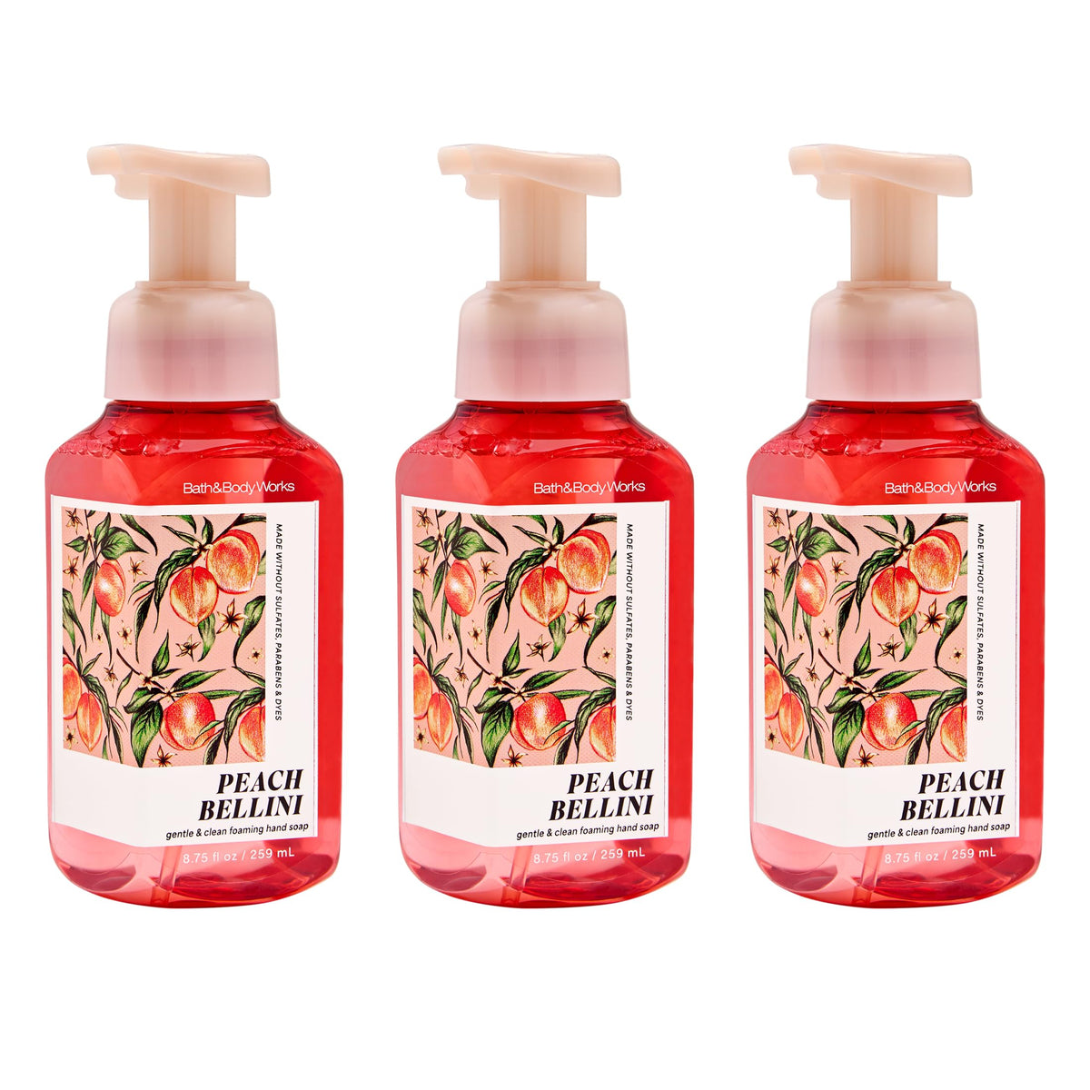 Bath & Body Works Peach Bellini front packaging showing three bottles and bright peach scent