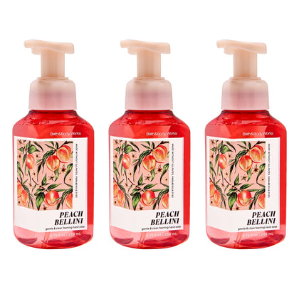 Bath & Body Works Peach Bellini front packaging showing three bottles and bright peach scent