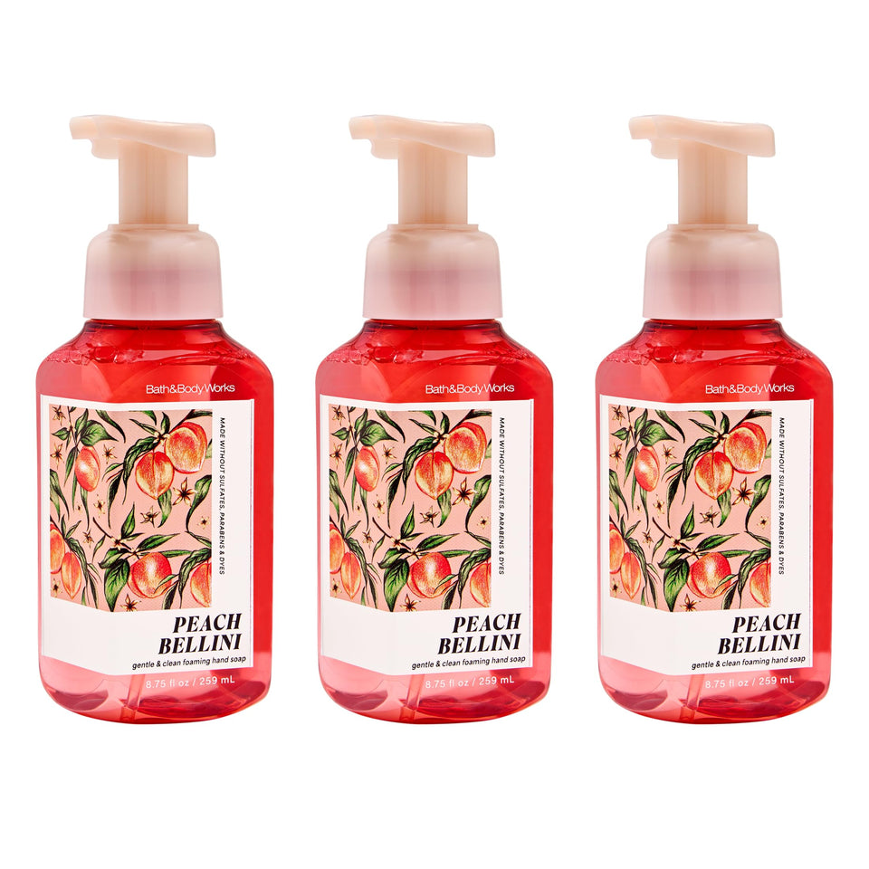 Bath & Body Works Peach Bellini front packaging showing three bottles and bright peach scent