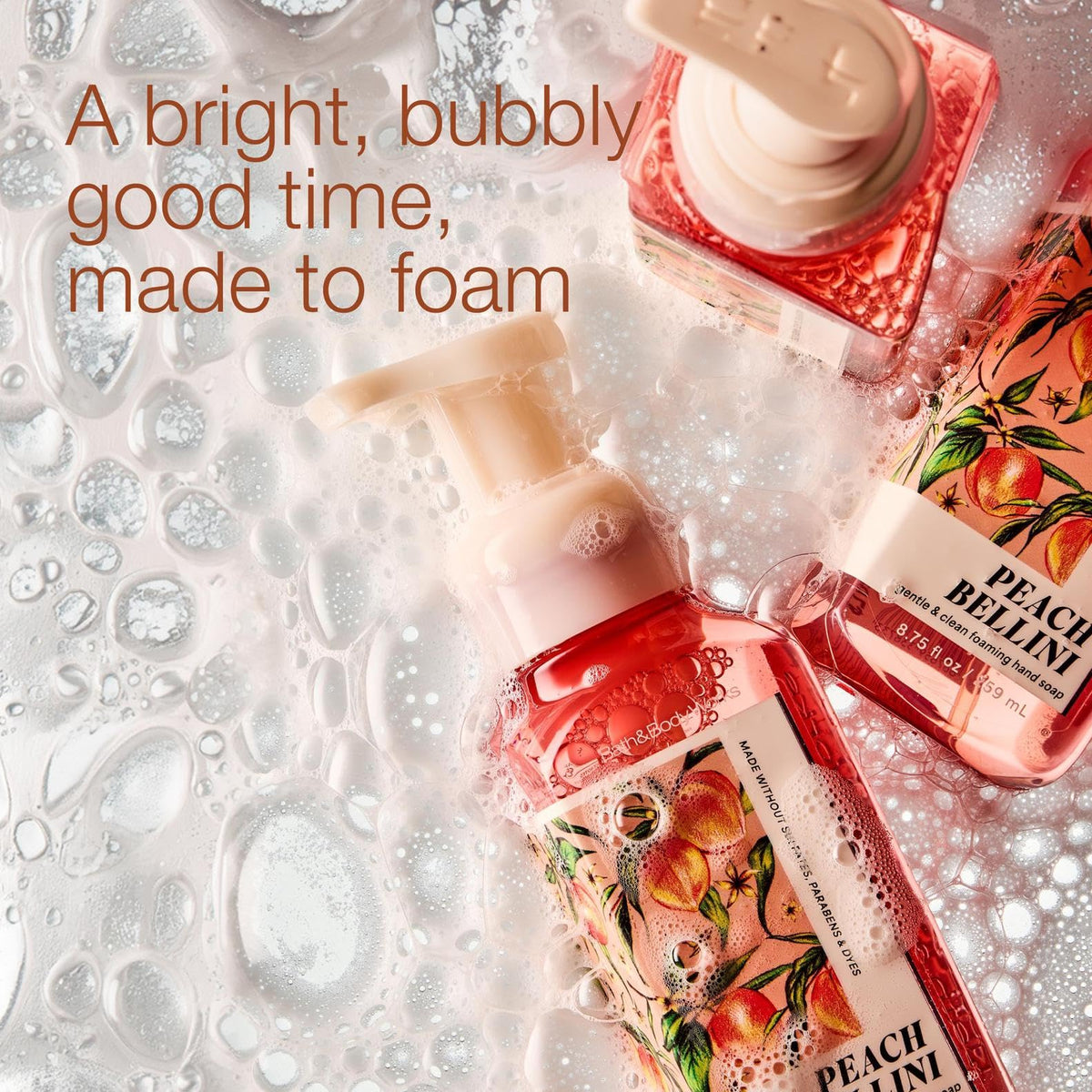 Bath & Body Works Peach Bellini pump dispenser detail for easy foaming and controlled use