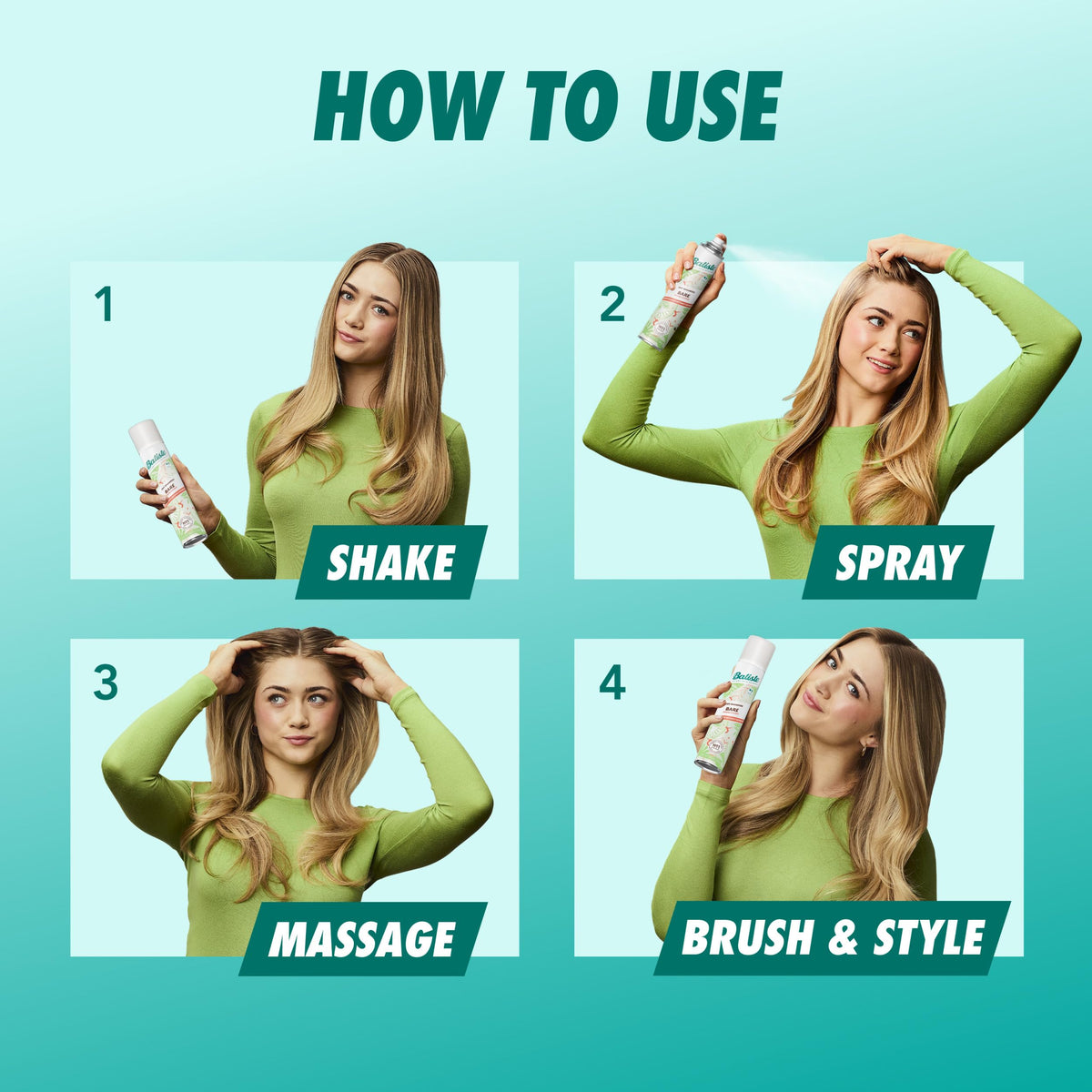 Model using Batiste Bare spray on roots, demonstrates fast refresh benefit