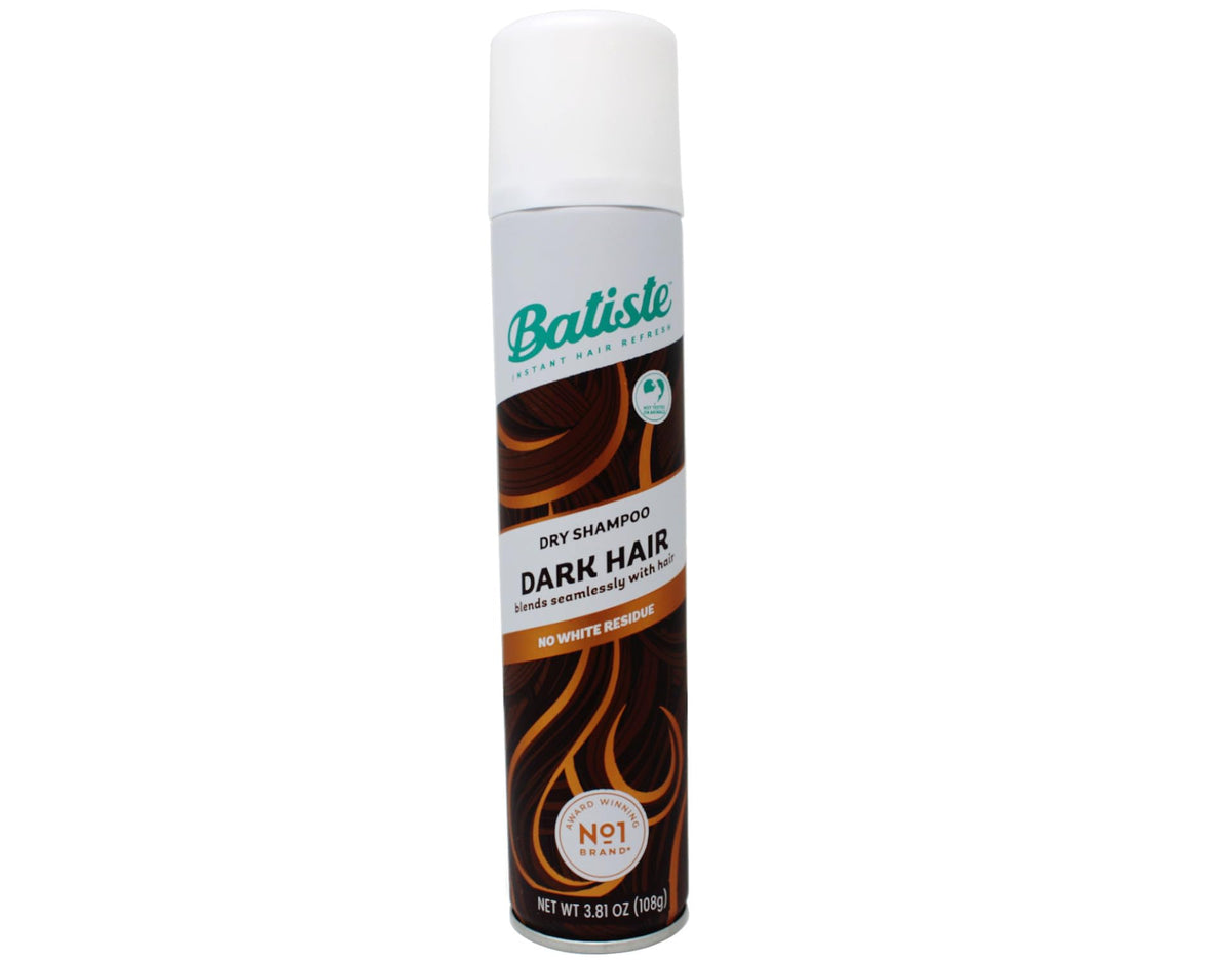 Batiste close-up of can label highlighting tinted dry shampoo for dark hair