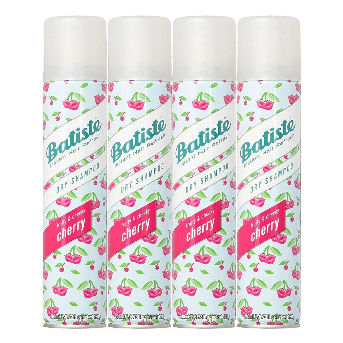Batiste cherry front packaging showing four 6.73 oz cans and easy storage benefit
