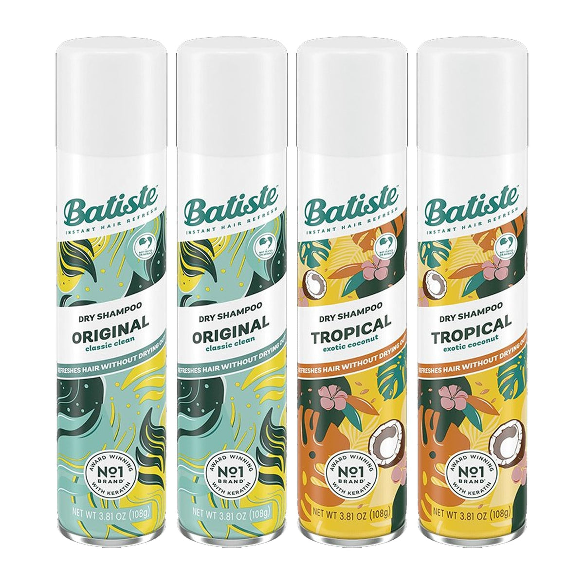 Batiste front packaging 4-pack showing cans and variety mix benefit portability