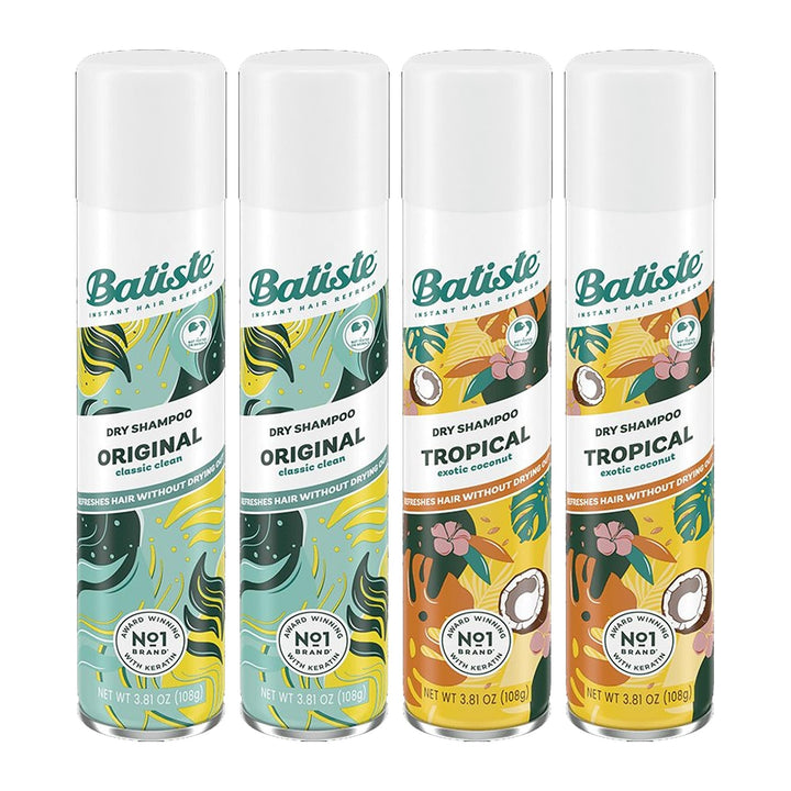Batiste front packaging 4-pack showing cans and variety mix benefit portability