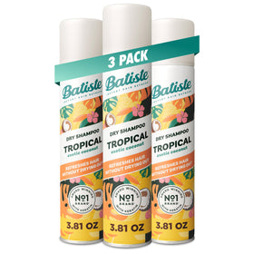 Batiste front packaging showing three tropical dry shampoo cans, convenient refresh