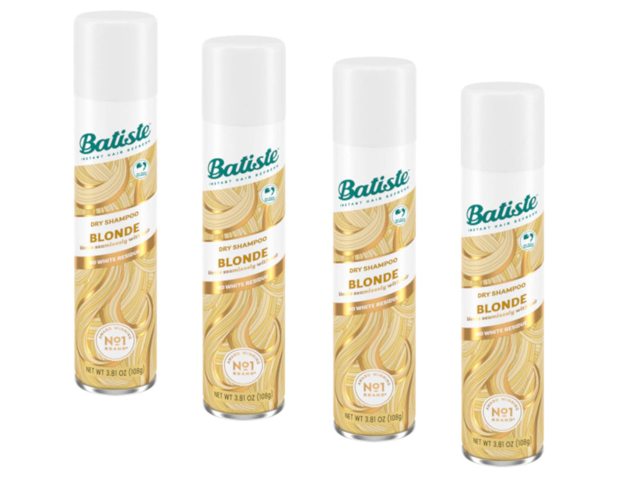 Batiste front packaging showing four blonde dry shampoo cans for convenience
