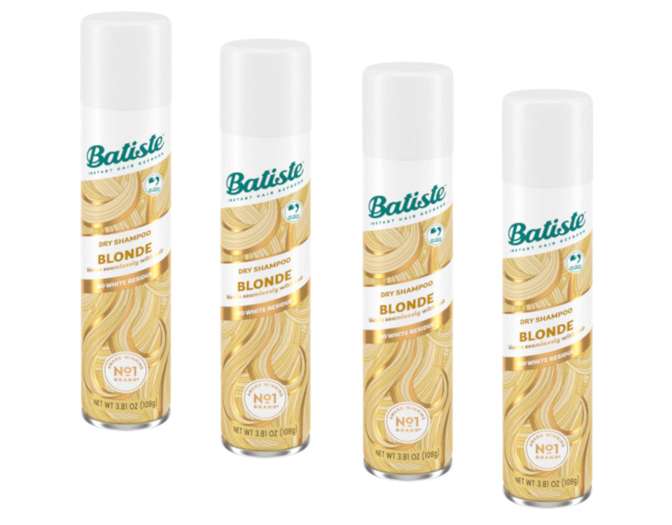 Batiste front packaging showing four blonde dry shampoo cans for convenience