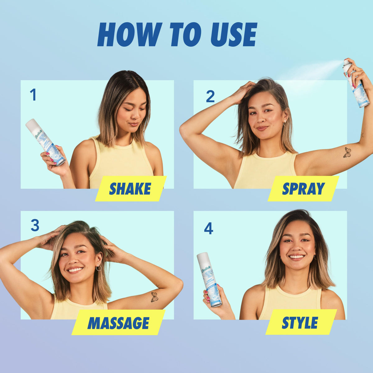 Batiste placed on bathroom shelf for quick touch-ups on busy mornings