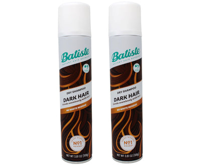 Batiste front view of twin cans showing packaging and dark-hair formula benefits