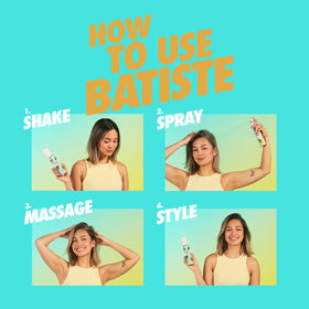 Batiste spray in use at roots demonstrating oil absorption and instant lift