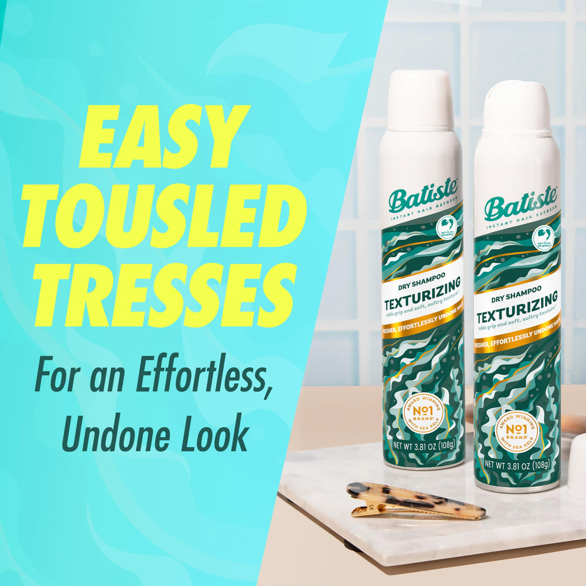 Batiste spray in use applied to roots to absorb oil and boost lift