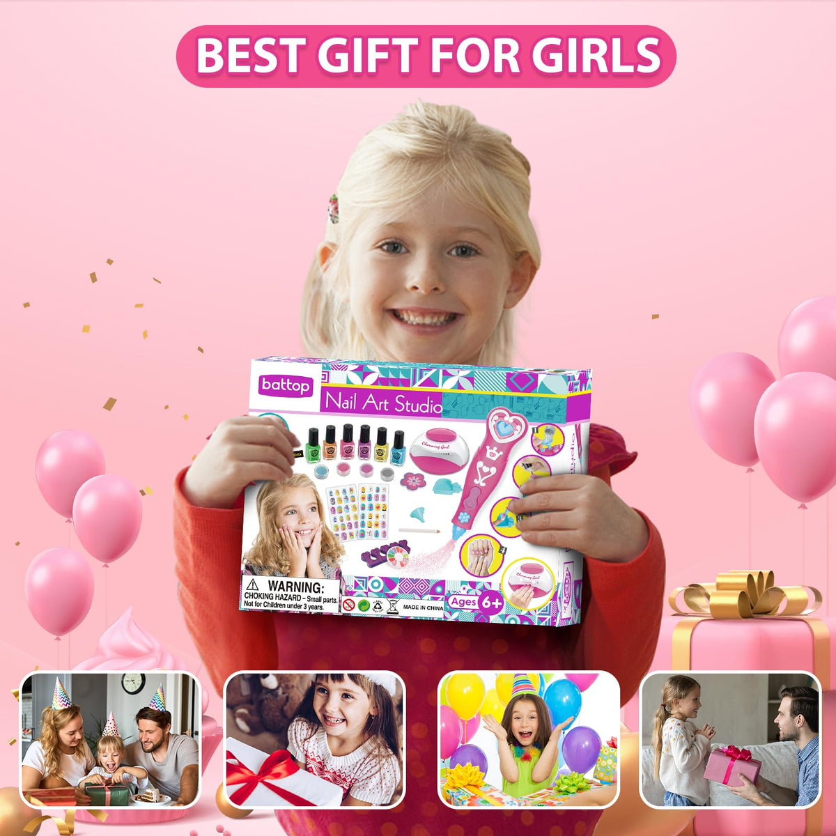 BATTOP child applying polish in lifestyle scene encouraging creative play