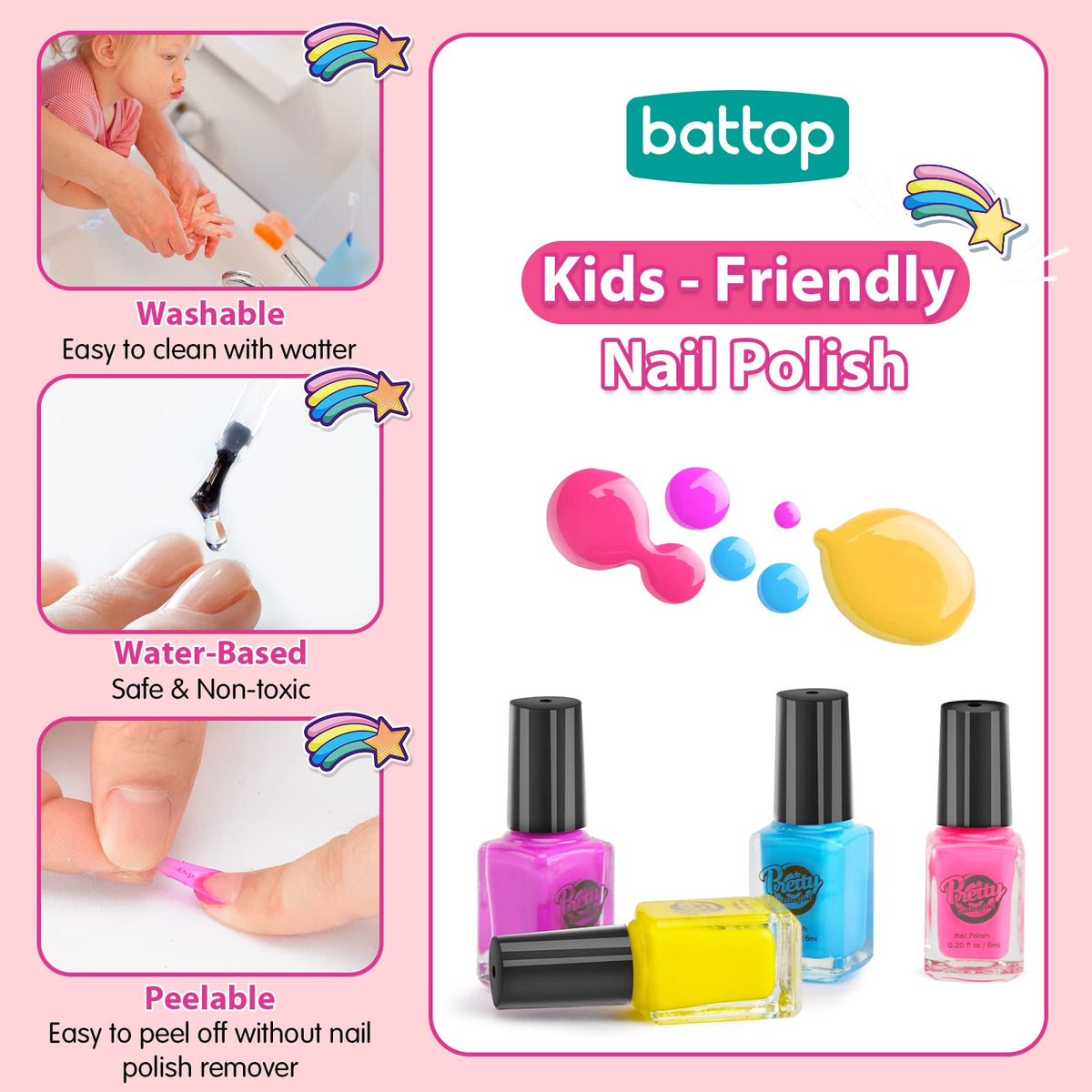 BATTOP colorful polish bottles lined up showing peel-off and washable benefit