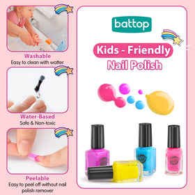 BATTOP colorful polish bottles lined up showing peel-off and washable benefit
