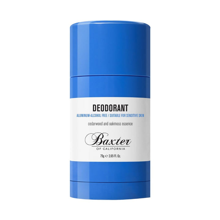 Baxter of California front stick showing cedarwood and oakmoss scent benefits