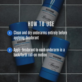 Baxter of California deodorant placed on bathroom shelf for daily routine