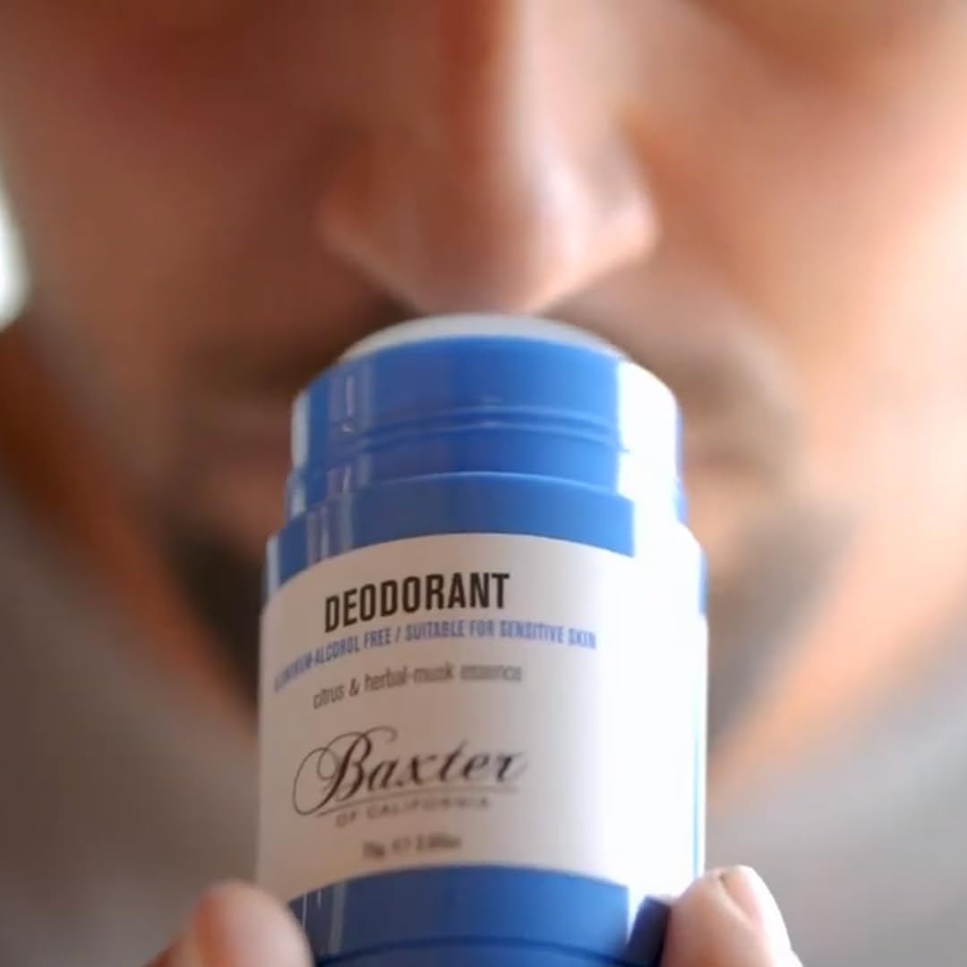 Baxter of California packaging label showing aluminum‑free and alcohol‑free benefits