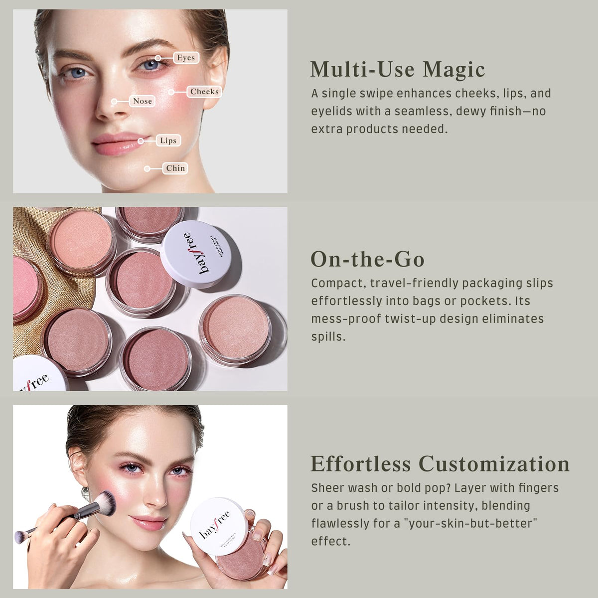 bayfree closeup on cheek application showing blendable blush and radiant finish
