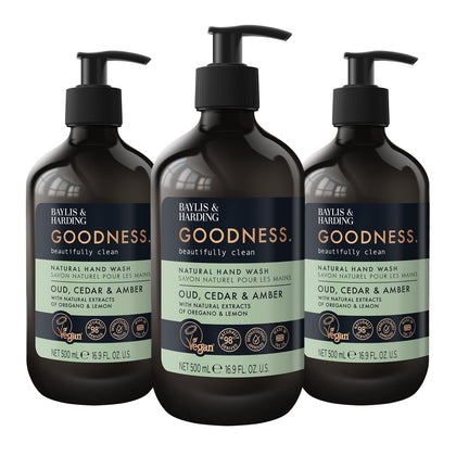 Baylis & Harding front view of three 500ml dispenser bottles showing packaging and scent