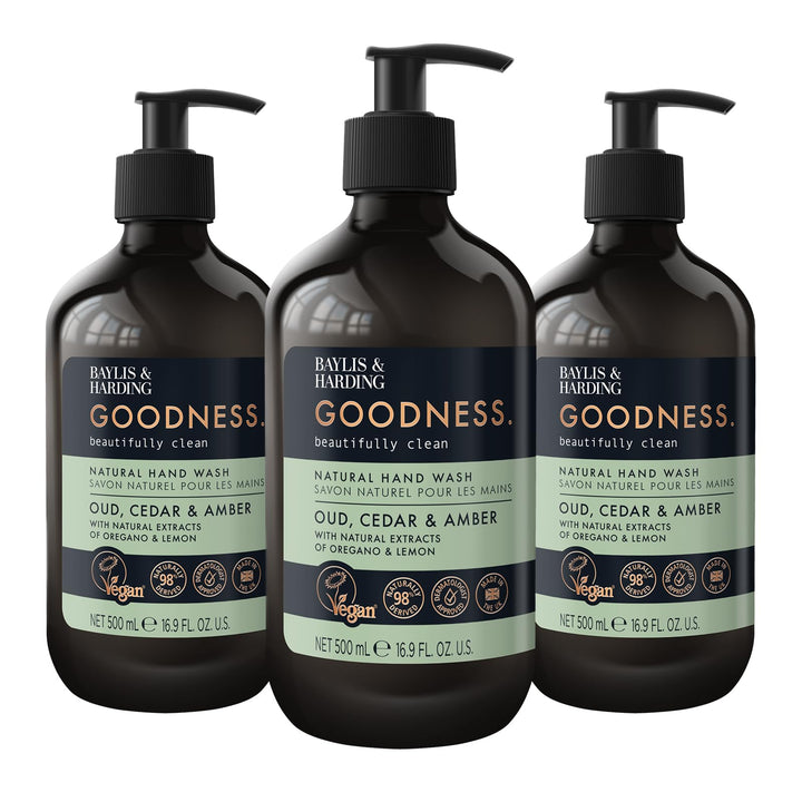 Baylis & Harding front view of three 500ml dispenser bottles showing packaging and scent