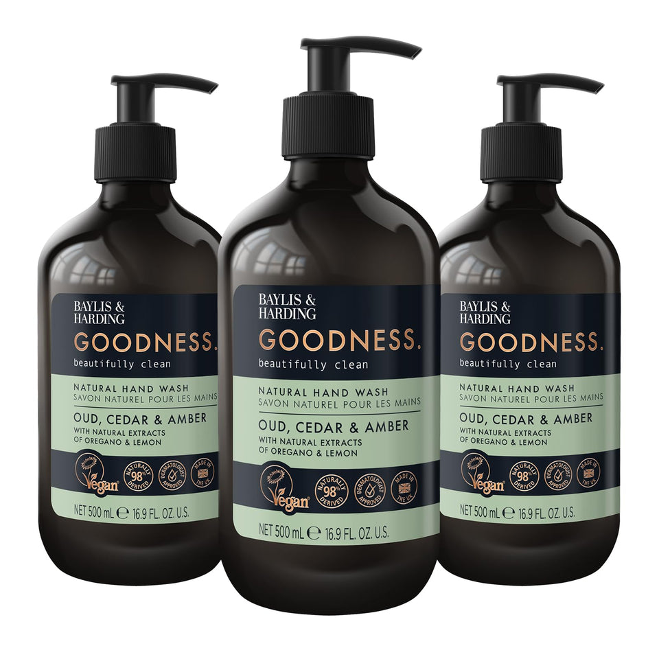 Baylis & Harding front view of three 500ml dispenser bottles showing packaging and scent