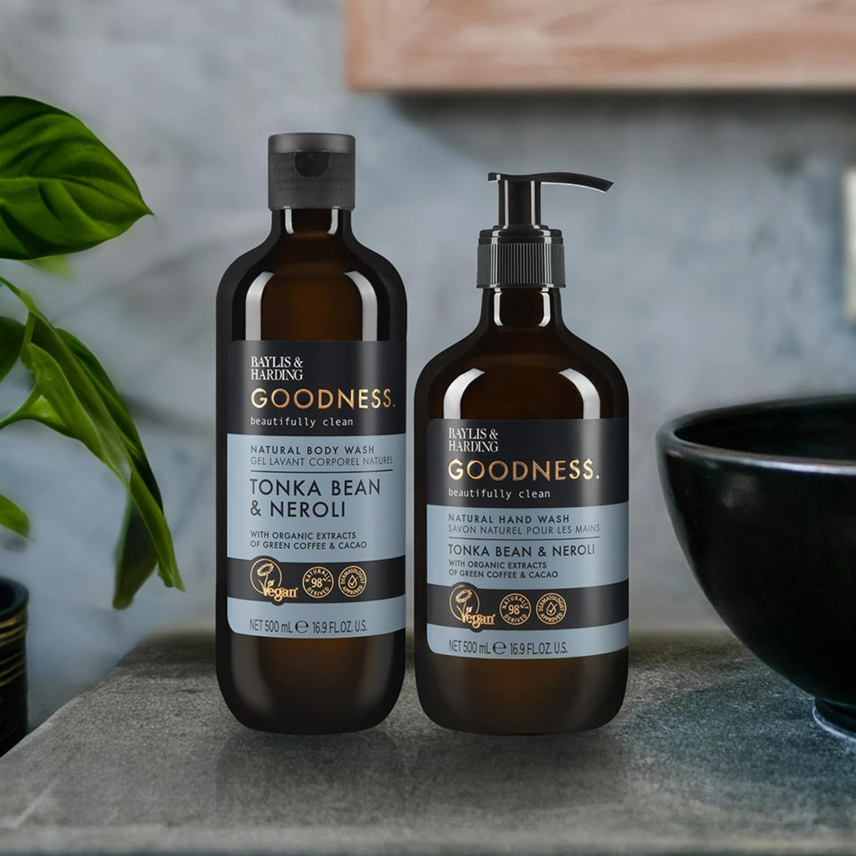 Baylis & Harding 500ml bottle next to hand showing real scale