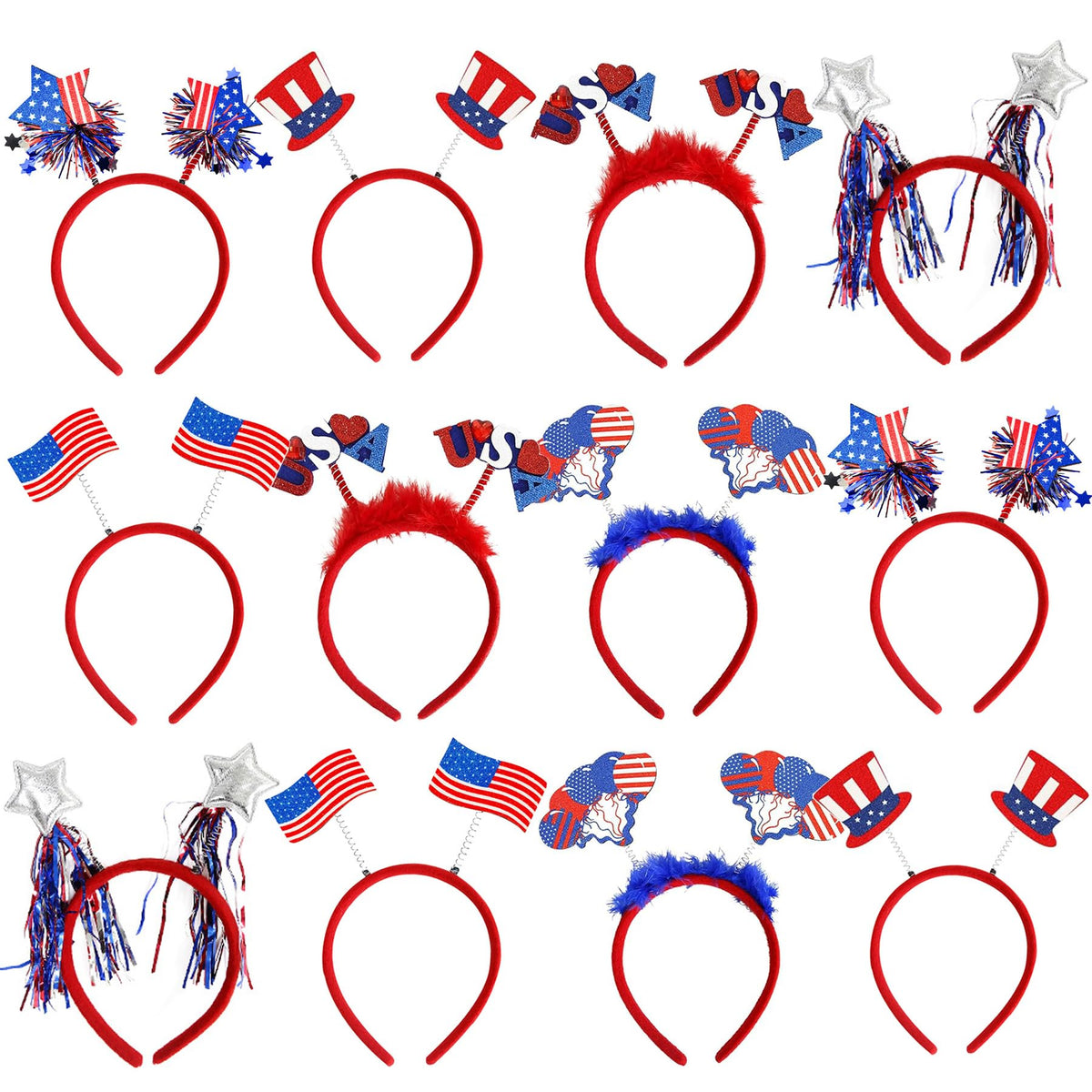 BBPOOL front packaging showing full 12-piece patriotic headband set and quick selection benefit