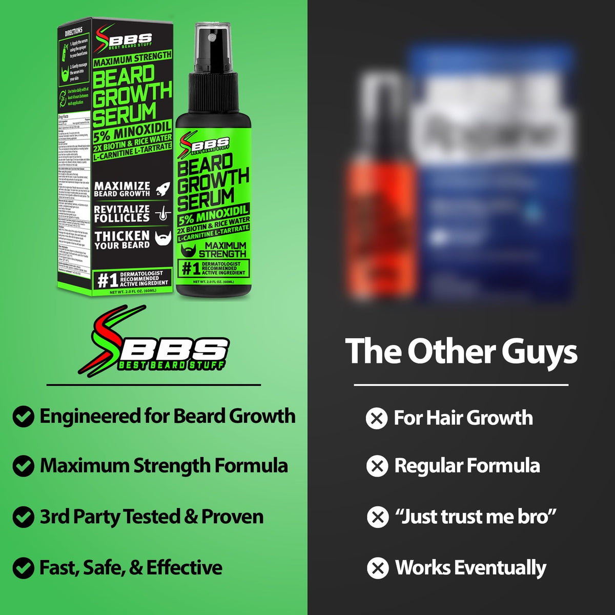 BBS BEST BEARD STUFF ingredients display with biotin and rice water emphasizing nourishing hair support