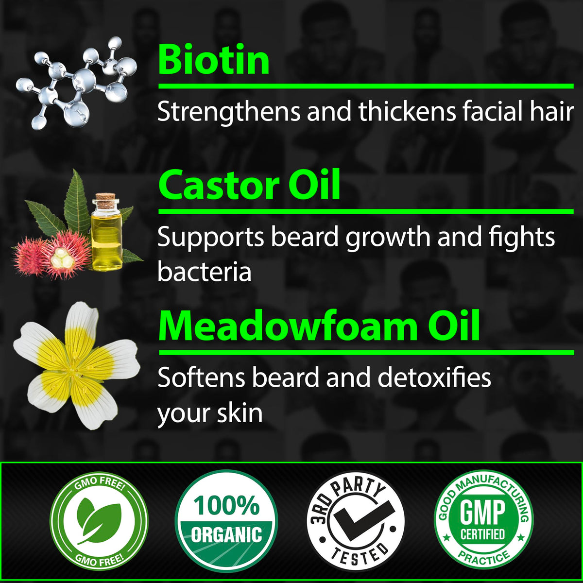 BBS BEST BEARD STUFF castor oil and meadowfoam ingredients displayed to highlight nourishment