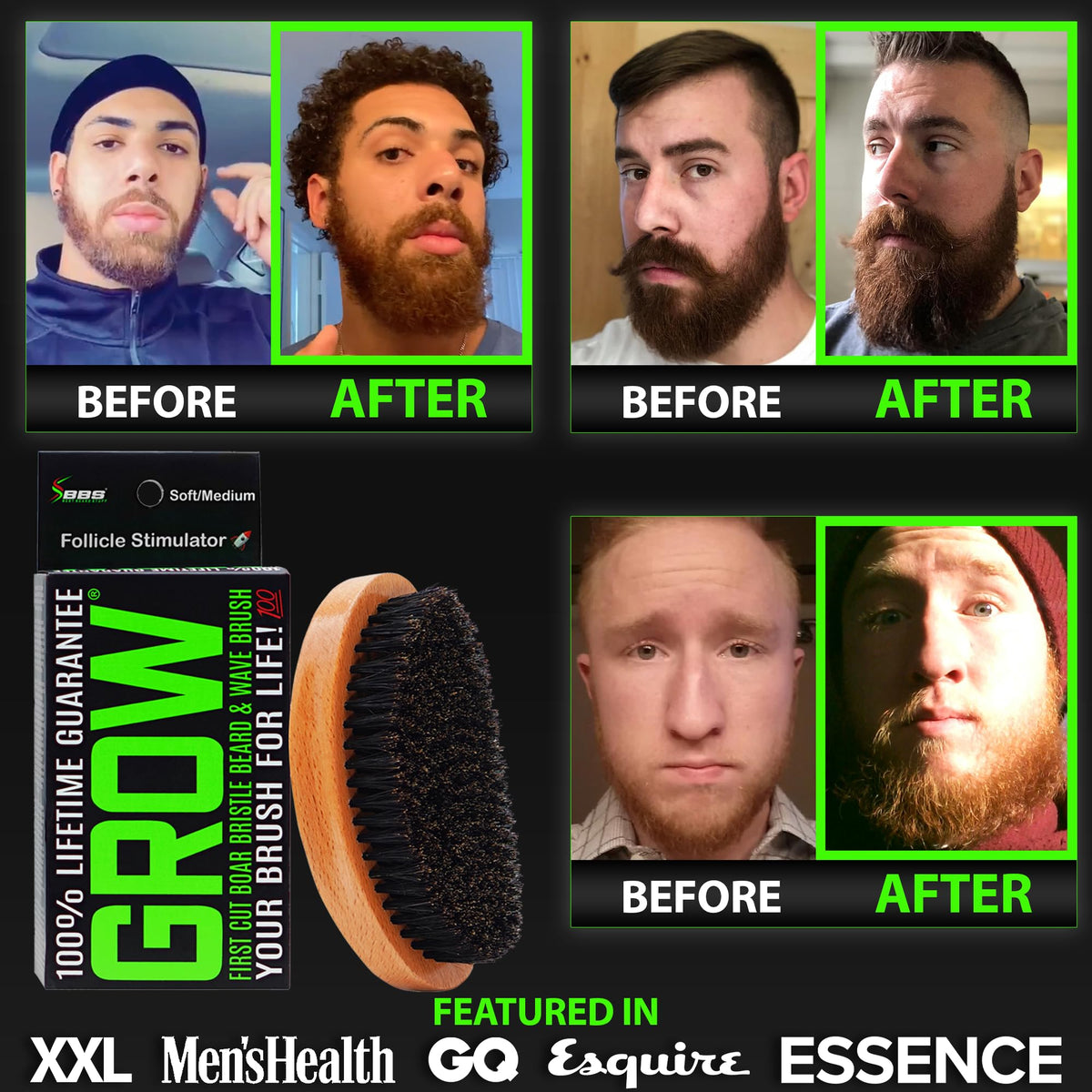 BBS BEST BEARD STUFF brush in use on beard smoothing and reducing flakes