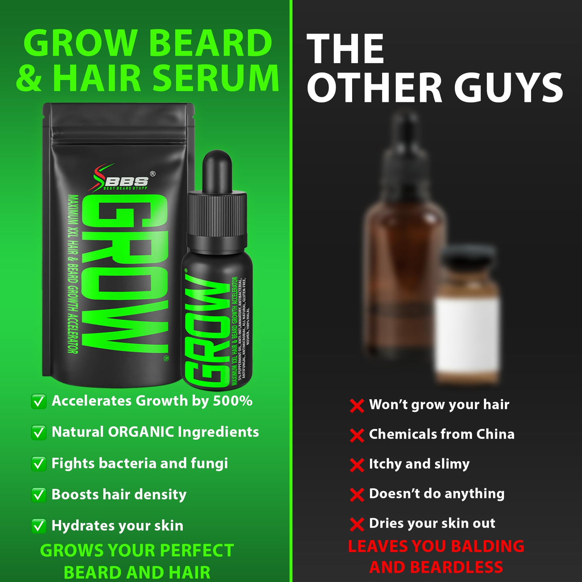 BBS BEST BEARD STUFF size comparison next to common bottle showing scale and travel convenience benefit