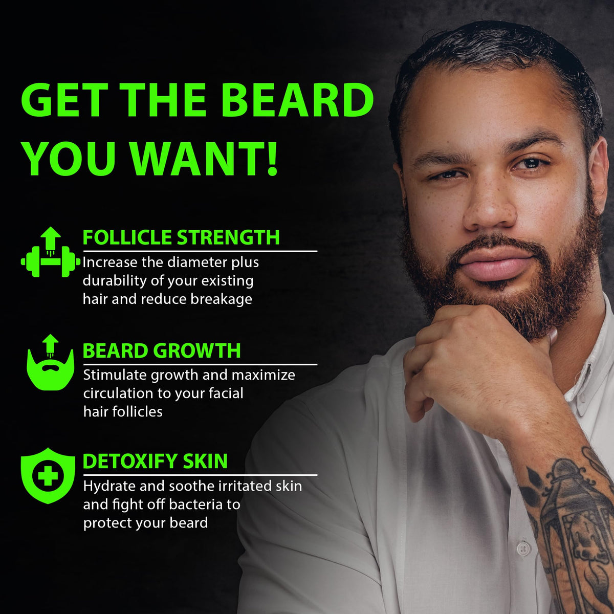 BBS BEST BEARD STUFF side label with ingredients list, reassuring natural oil benefits
