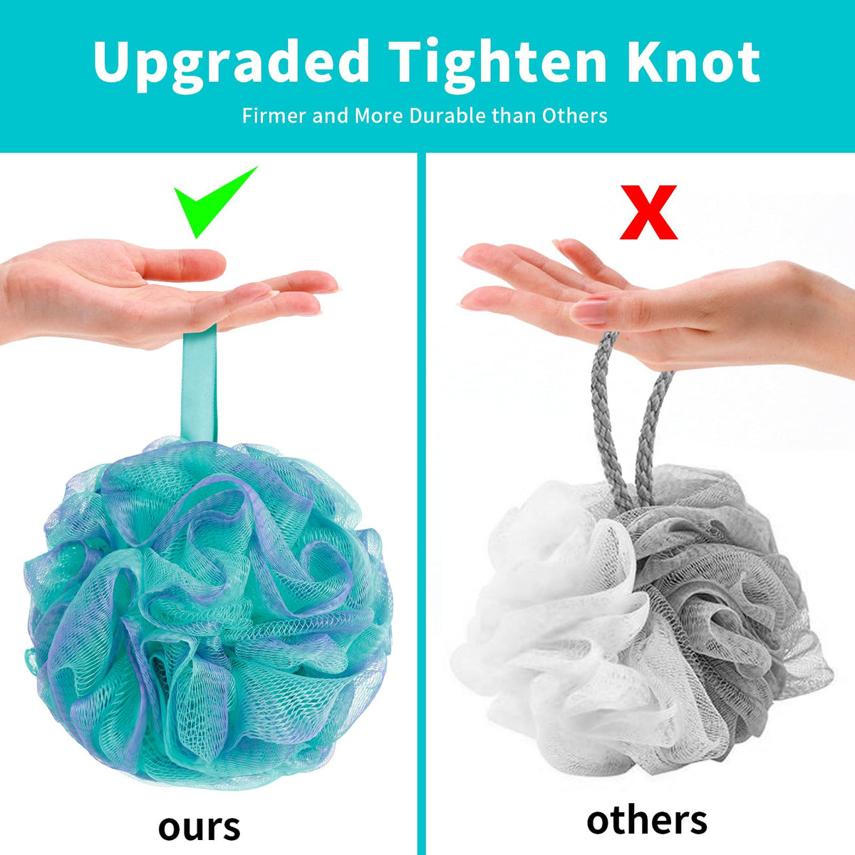 BCKENEY loofah held in hand to show 60g size and comfortable grip benefit