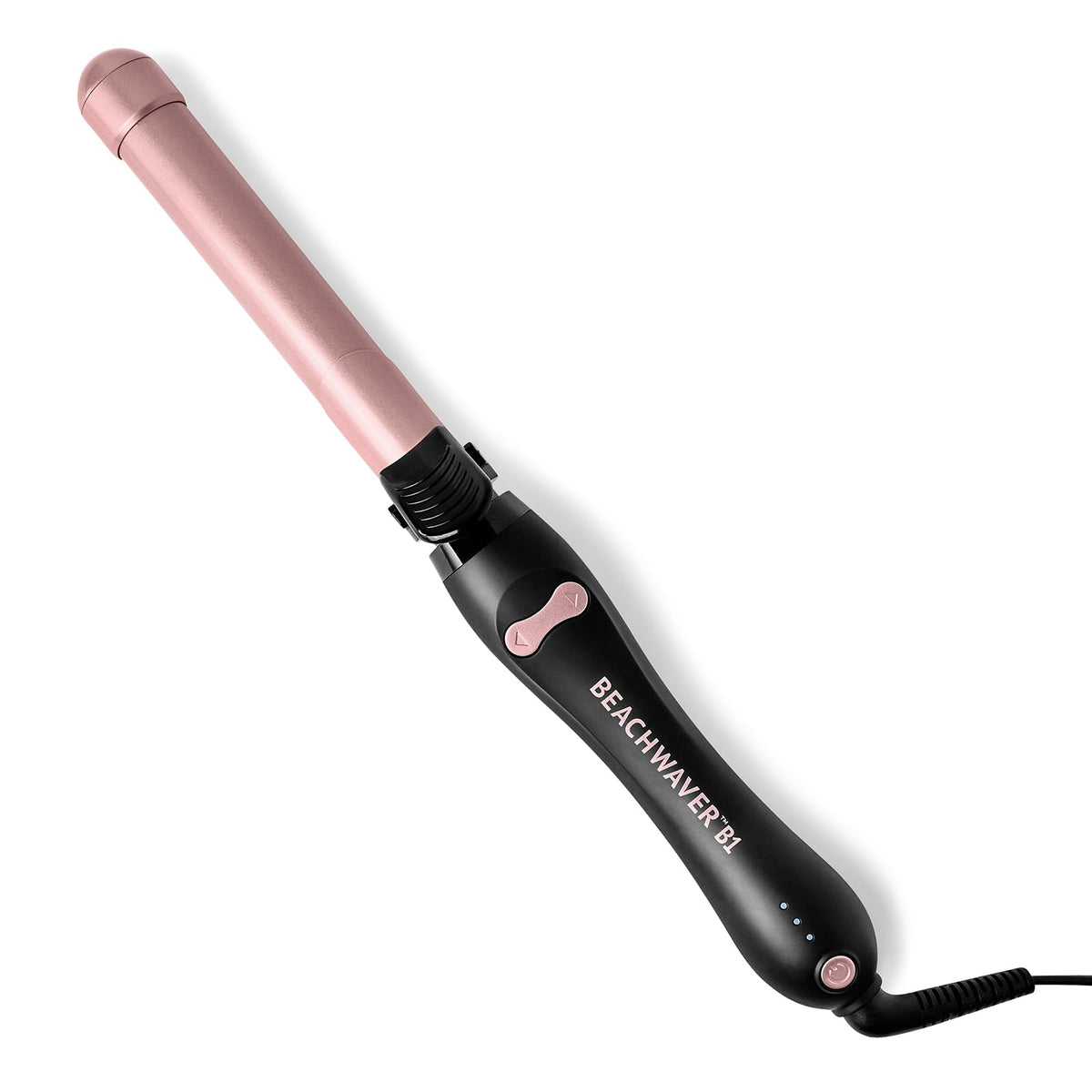 Beachwaver B1 front view showing midnight rose finish and compact design benefit