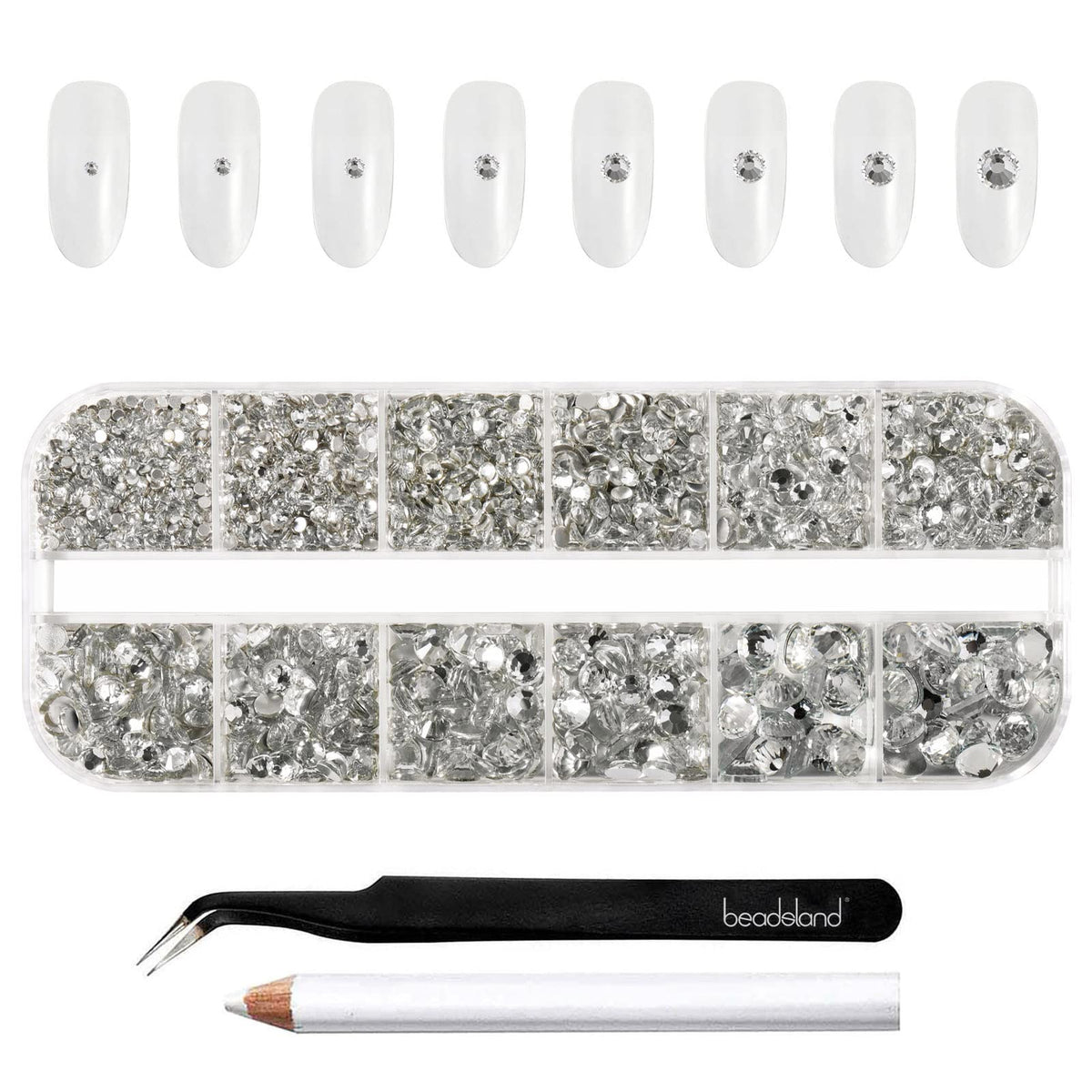 BEADSLAND front packaging showing 2500 clear rhinestones and tools for organized crafting