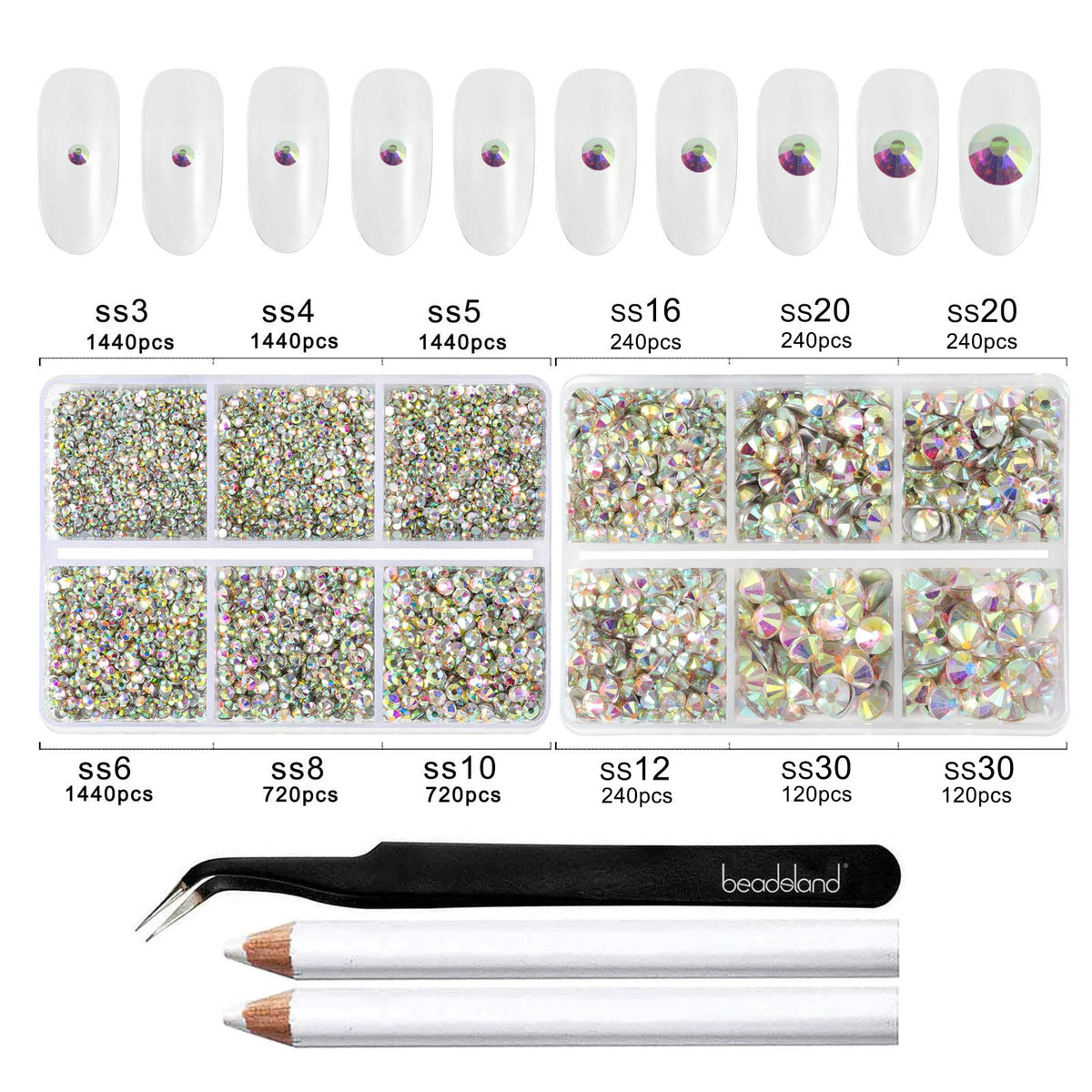 BEADSLAND rhinestones applied on nails demonstrating precise placement and shine