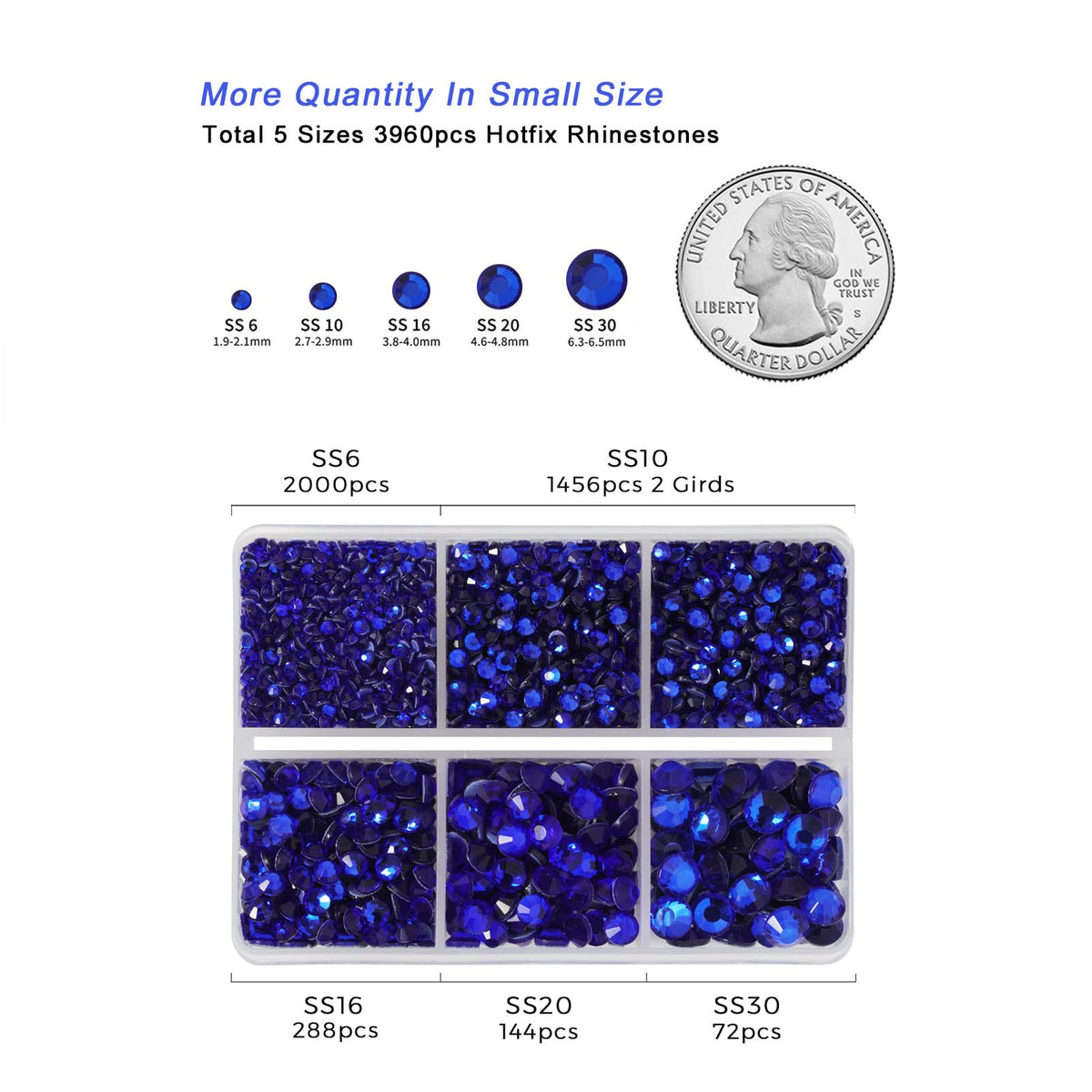 BEADSLAND mixed-size rhinestones laid out with ruler showing SS6 to SS30 scale for planning